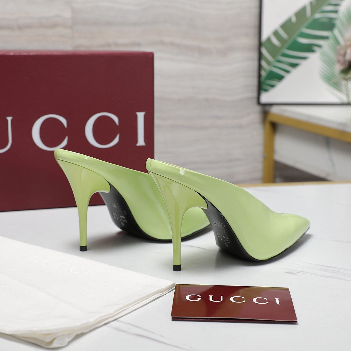 GG HEELED MULES 105 IN PASTEL GREEN CALFSKIN