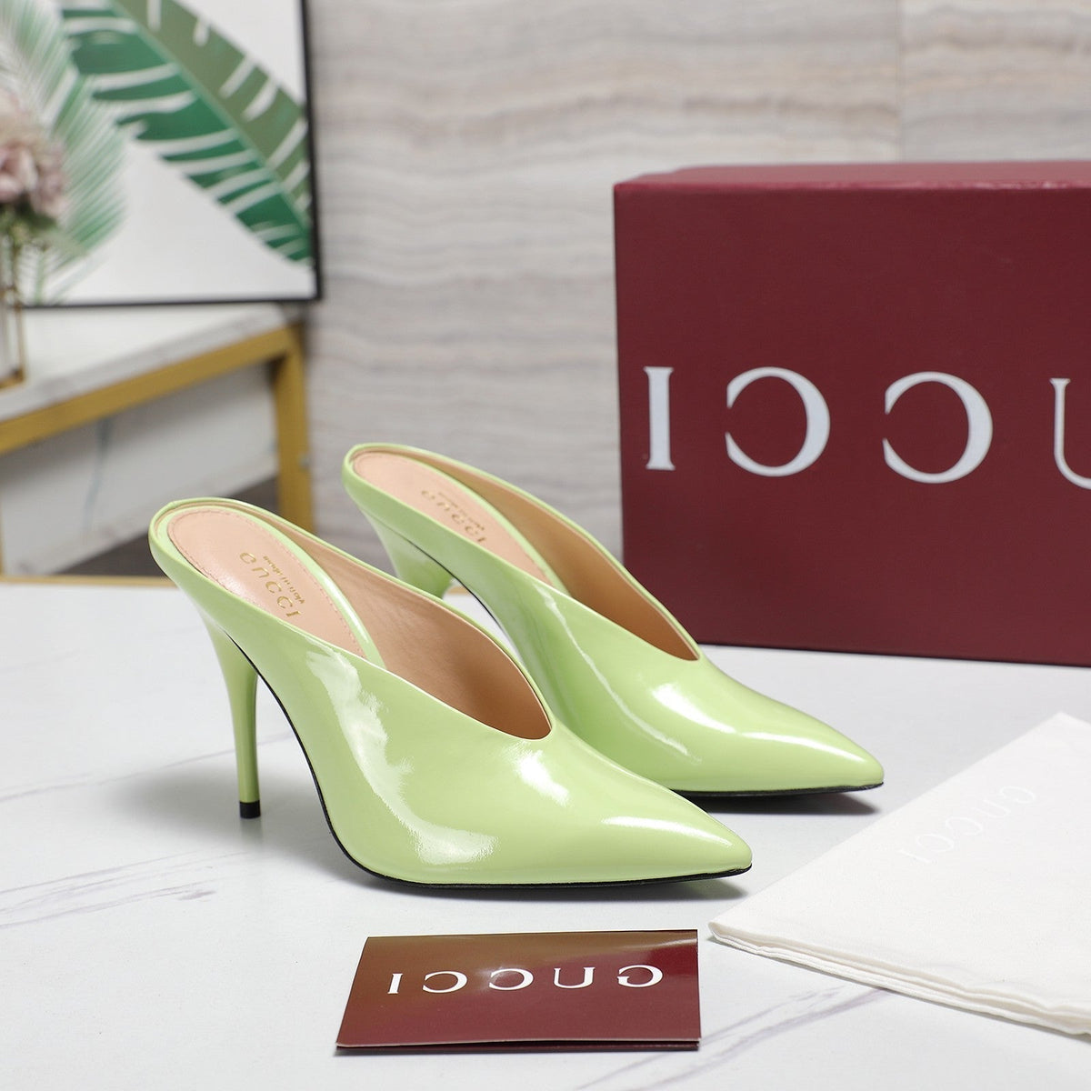 GG HEELED MULES 105 IN PASTEL GREEN CALFSKIN