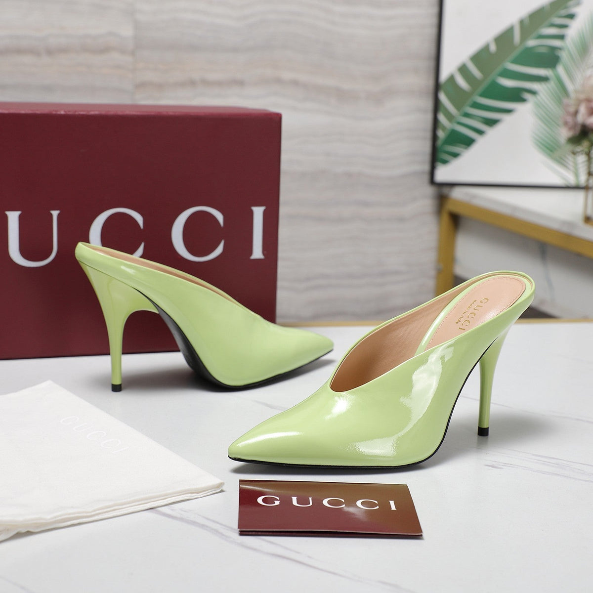 GG HEELED MULES 105 IN PASTEL GREEN CALFSKIN