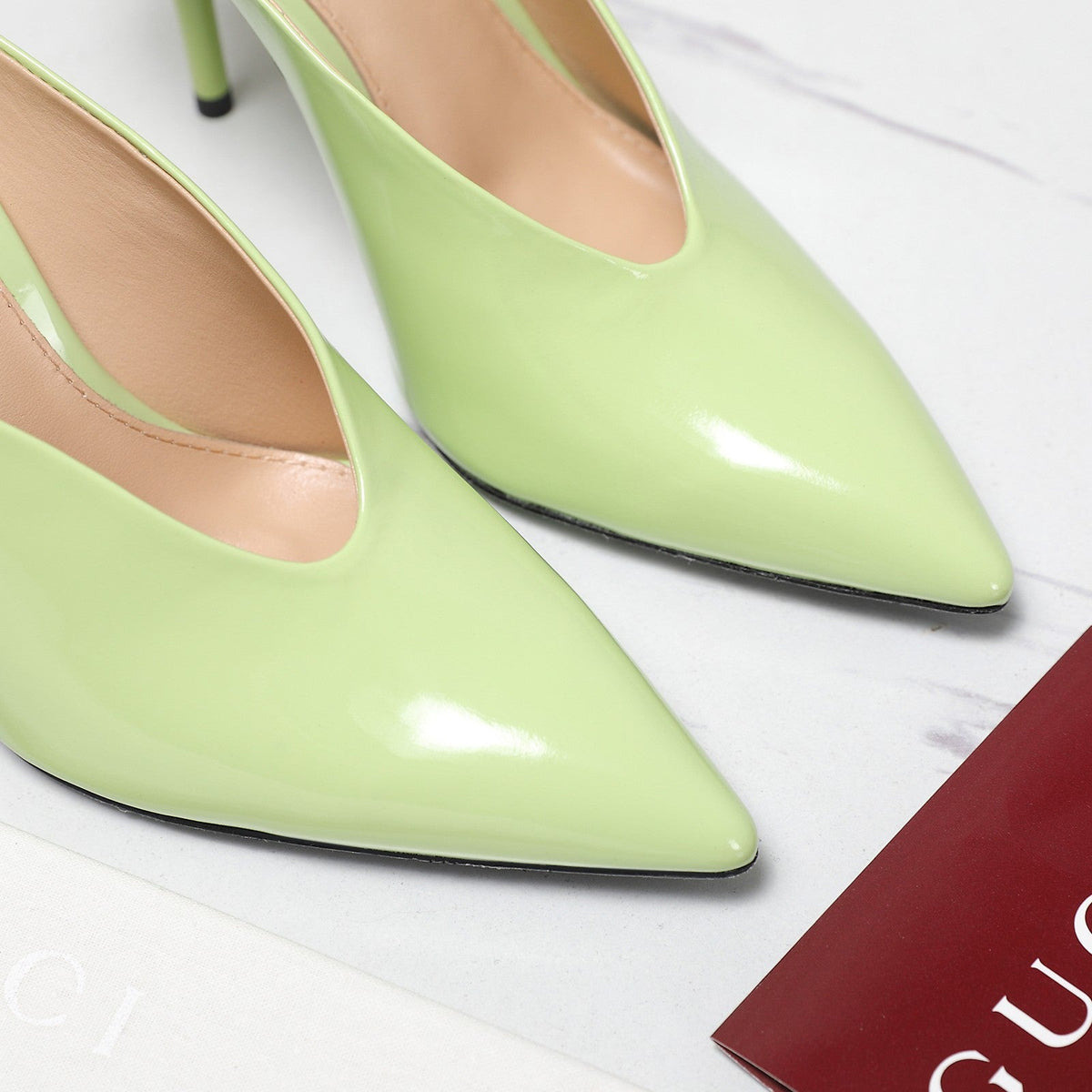 GG HEELED MULES 105 IN PASTEL GREEN CALFSKIN