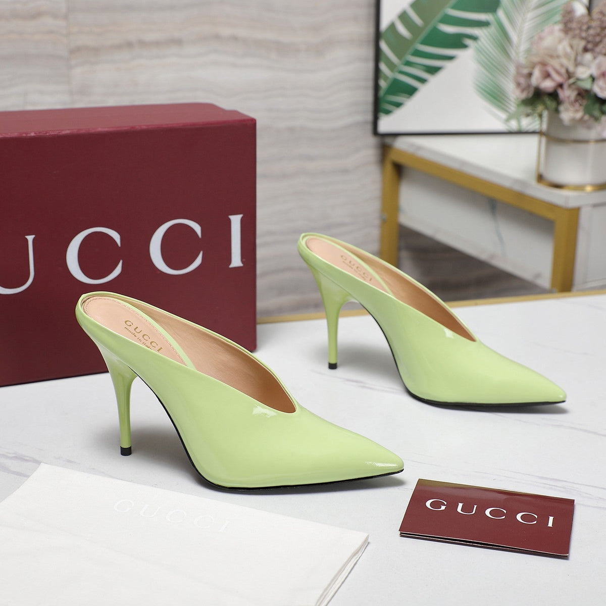 GG HEELED MULES 105 IN PASTEL GREEN CALFSKIN