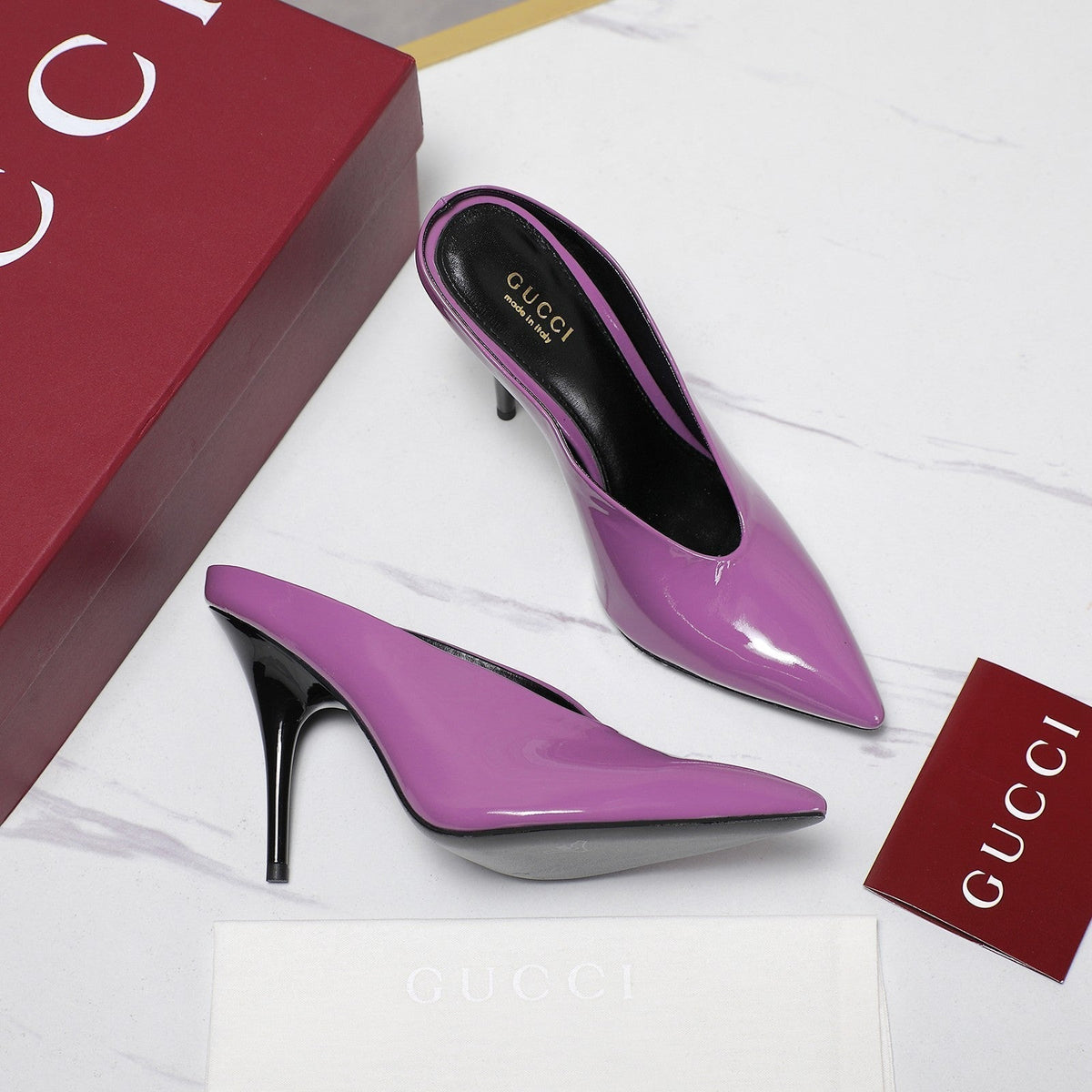 GG HEELED MULES 105 IN PURPLE CALFSKIN