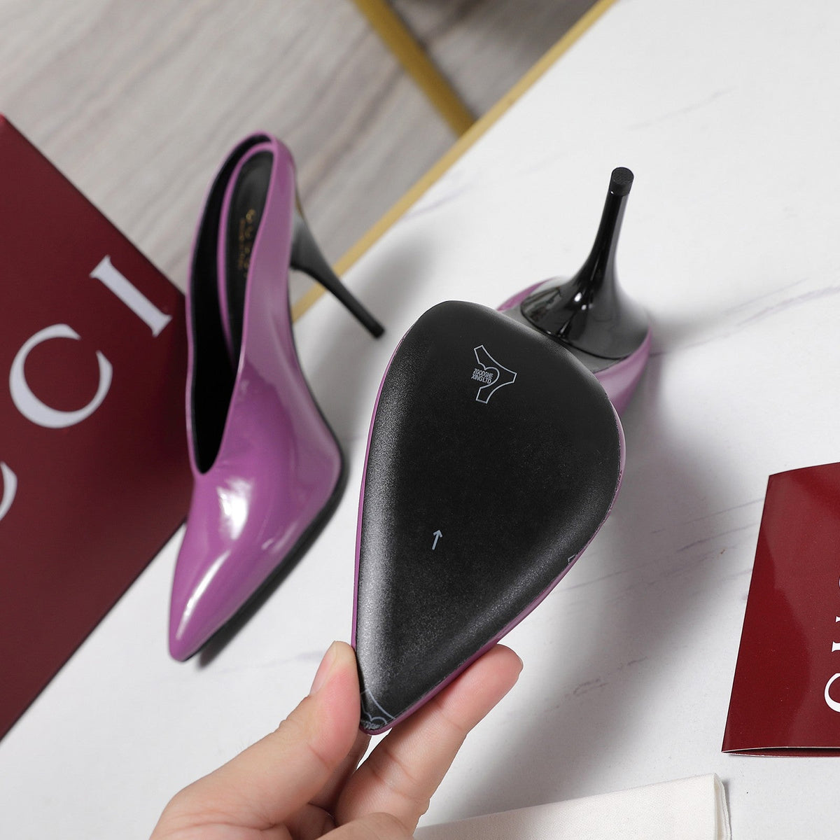 GG HEELED MULES 105 IN PURPLE CALFSKIN