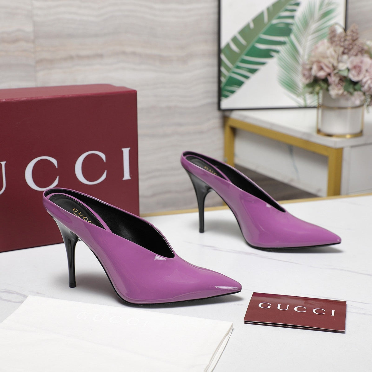 GG HEELED MULES 105 IN PURPLE CALFSKIN