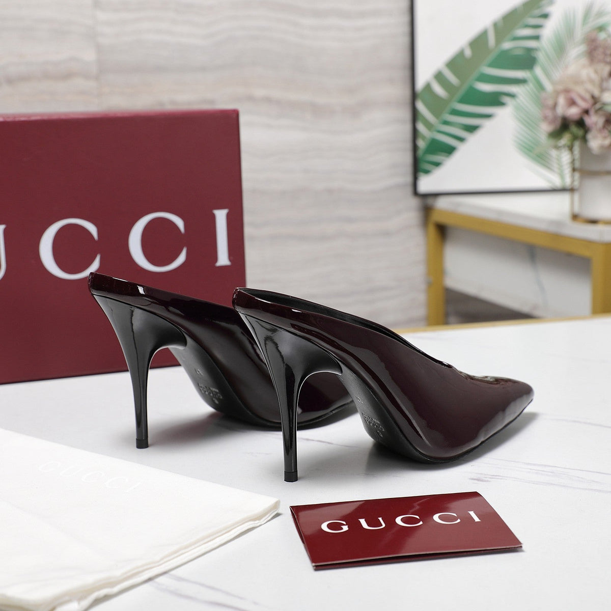 GG HEELED MULES 105 IN DARK RED CALFSKIN