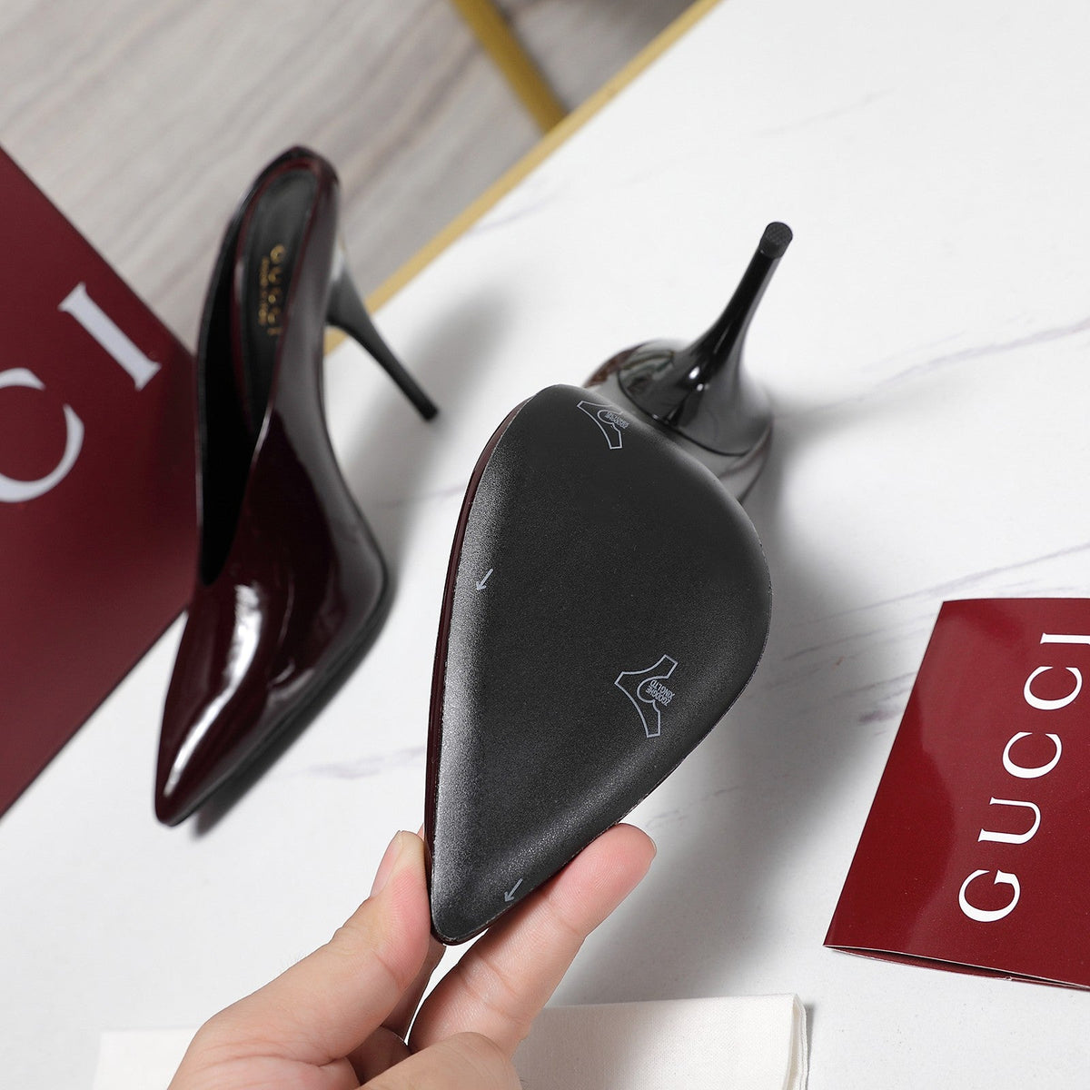 GG HEELED MULES 105 IN DARK RED CALFSKIN