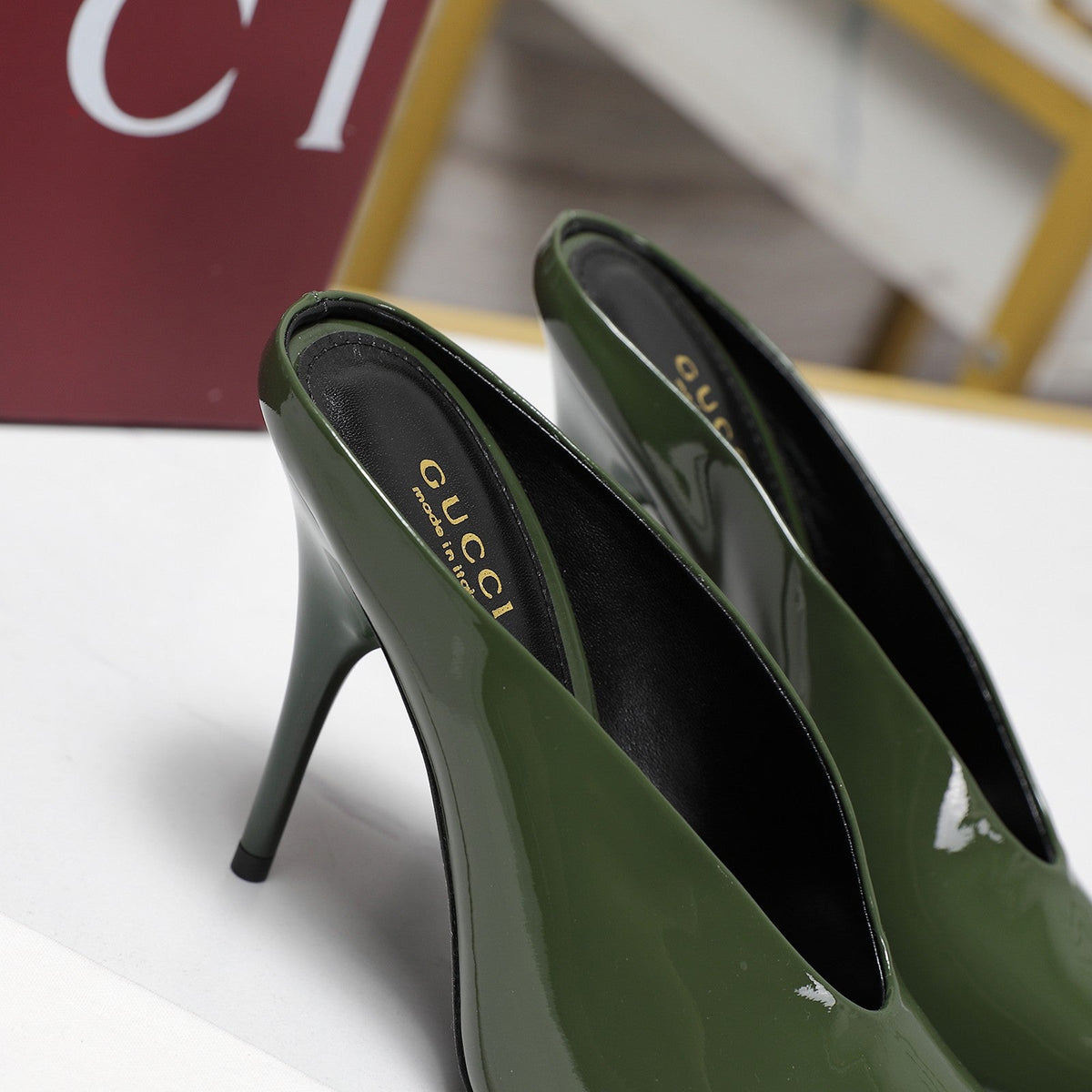 GG HEELED MULES 105 IN ARMY GREEN CALFSKIN