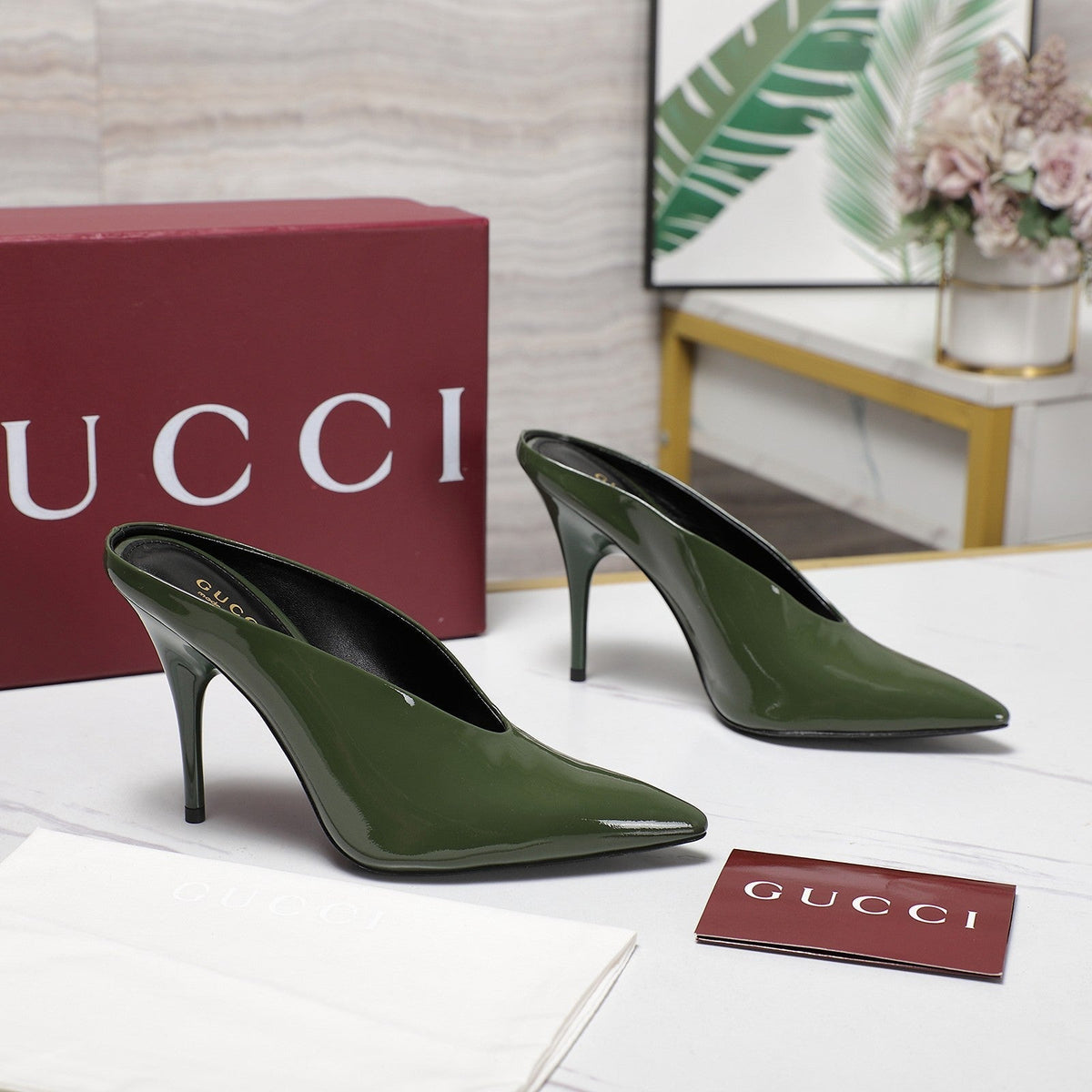 GG HEELED MULES 105 IN ARMY GREEN CALFSKIN