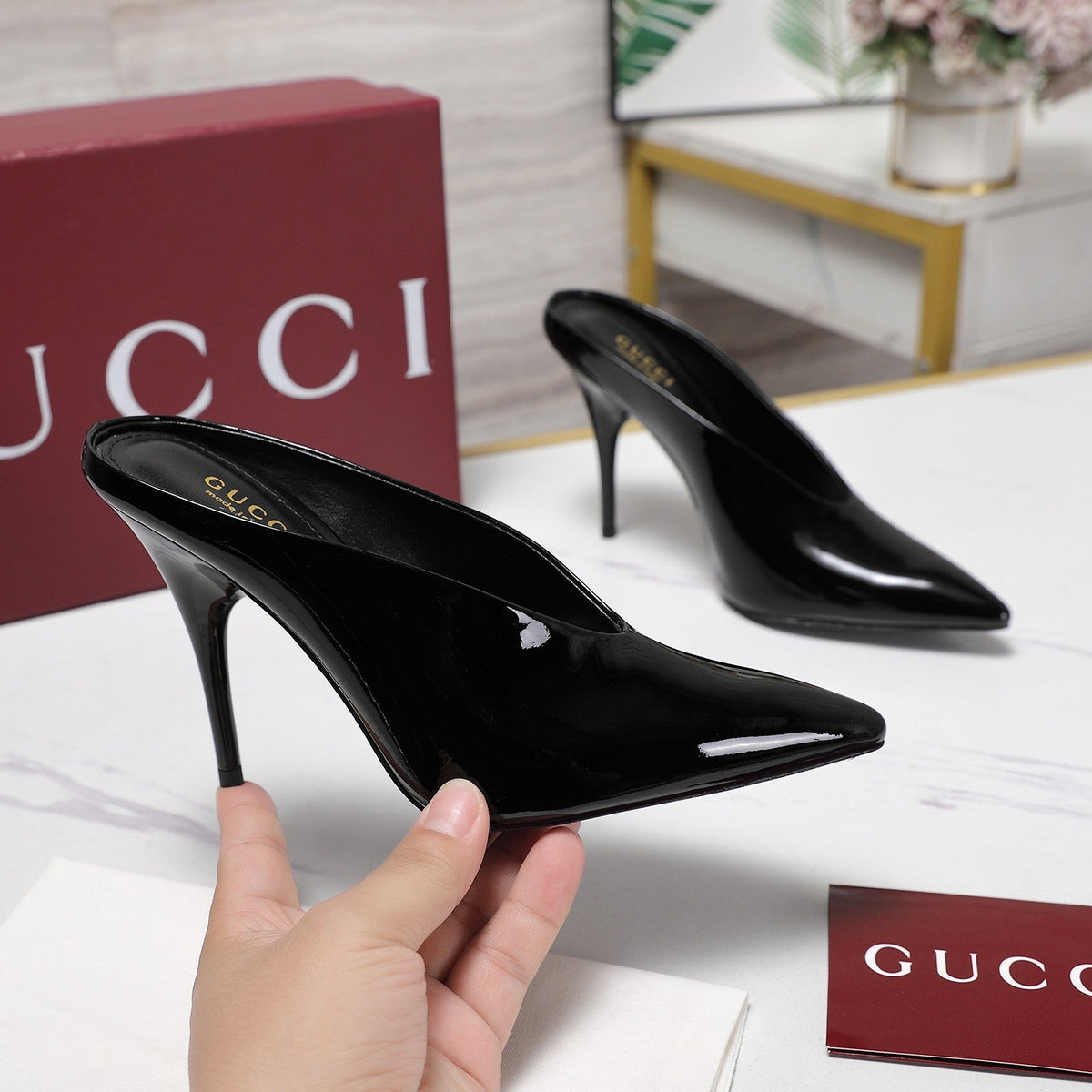 GG HEELED MULES 105 IN BLACK CALFSKIN