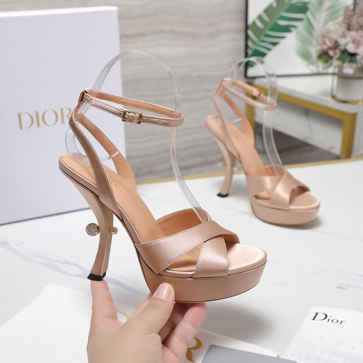 DIOR PEARL-EMBELLISHED HIGH HEEL SANDALS 25S 115 MM IN BEIGE SATIN