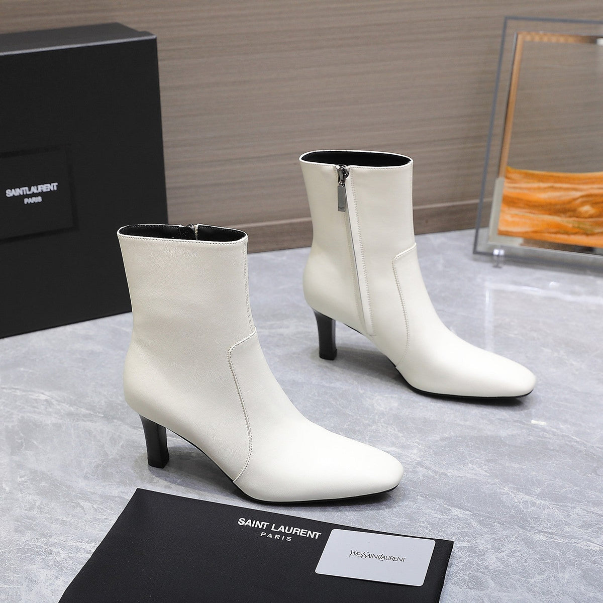 YSL 25S ANKLE BOOTS 70 MM IN WHITE LAMBSKIN
