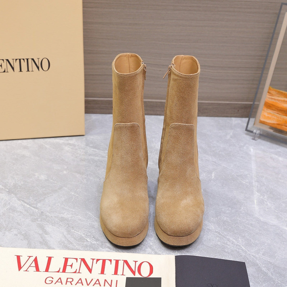 VALENTINO 25S ANKLE BOOTS WITH ZIPPER 90 MM IN LIGHT BROWN SUEDE