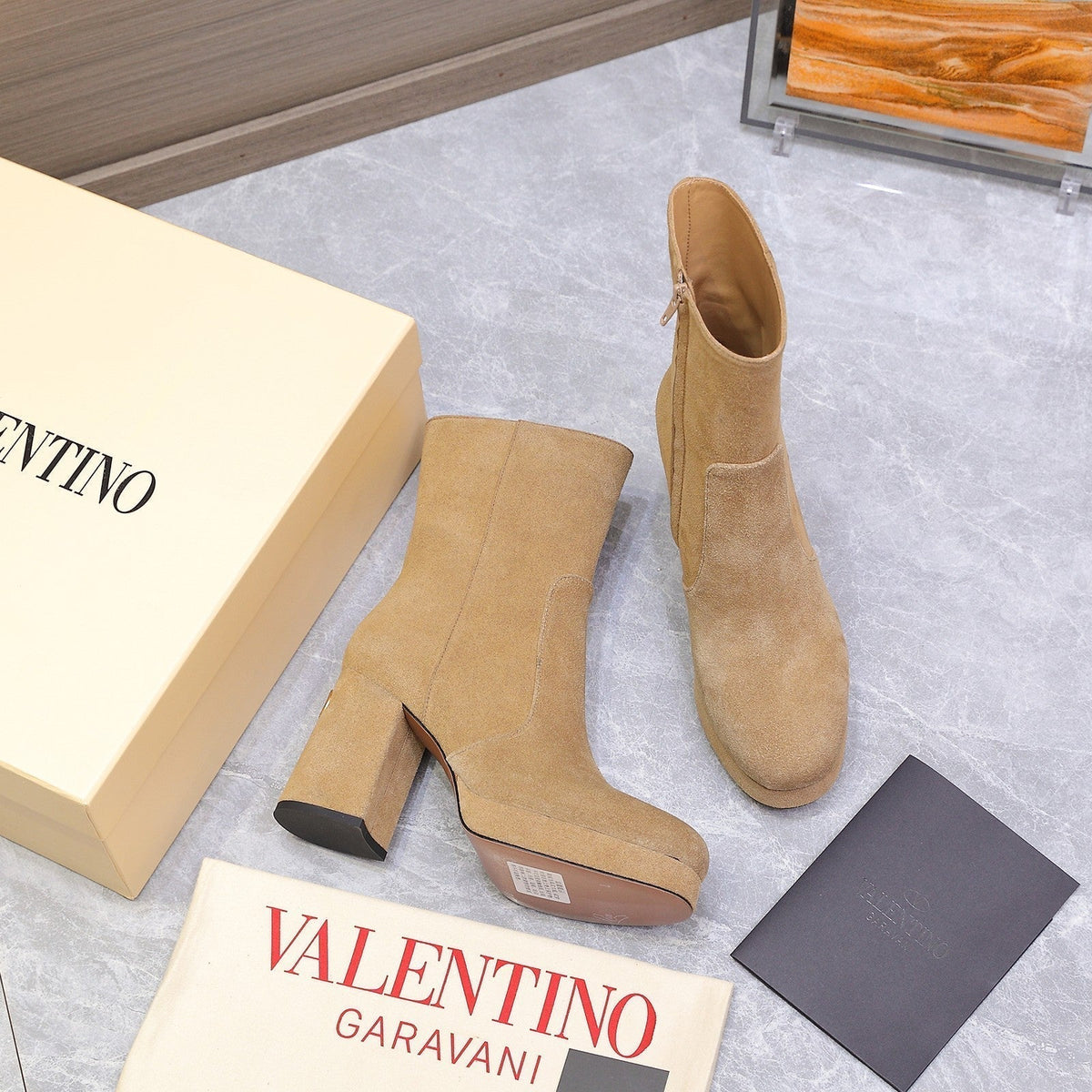 VALENTINO 25S ANKLE BOOTS WITH ZIPPER 90 MM IN LIGHT BROWN SUEDE