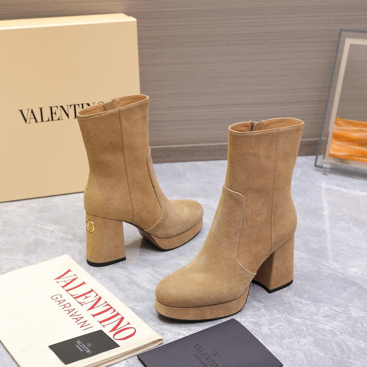 VALENTINO 25S ANKLE BOOTS WITH ZIPPER 90 MM IN LIGHT BROWN SUEDE