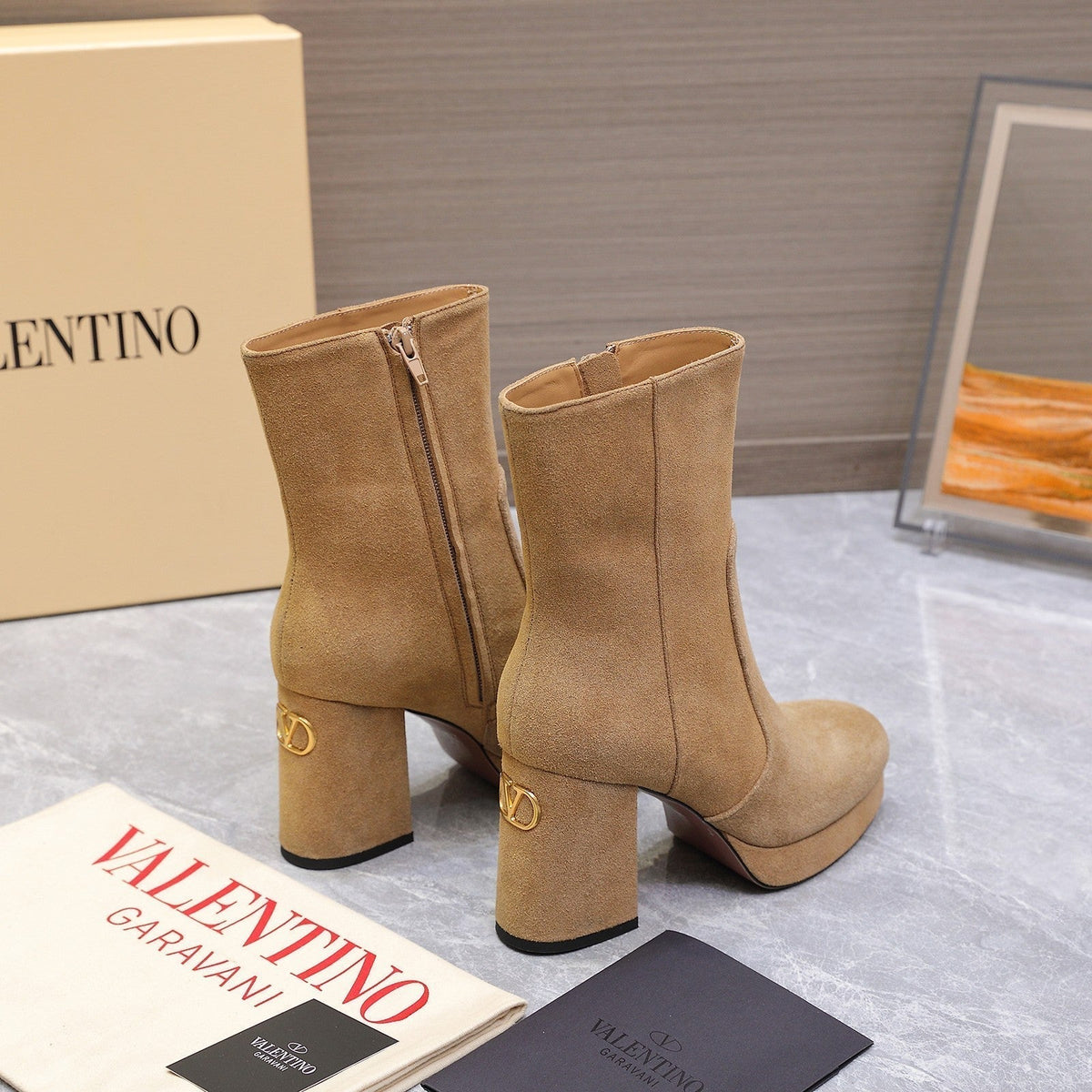 VALENTINO 25S ANKLE BOOTS WITH ZIPPER 90 MM IN LIGHT BROWN SUEDE