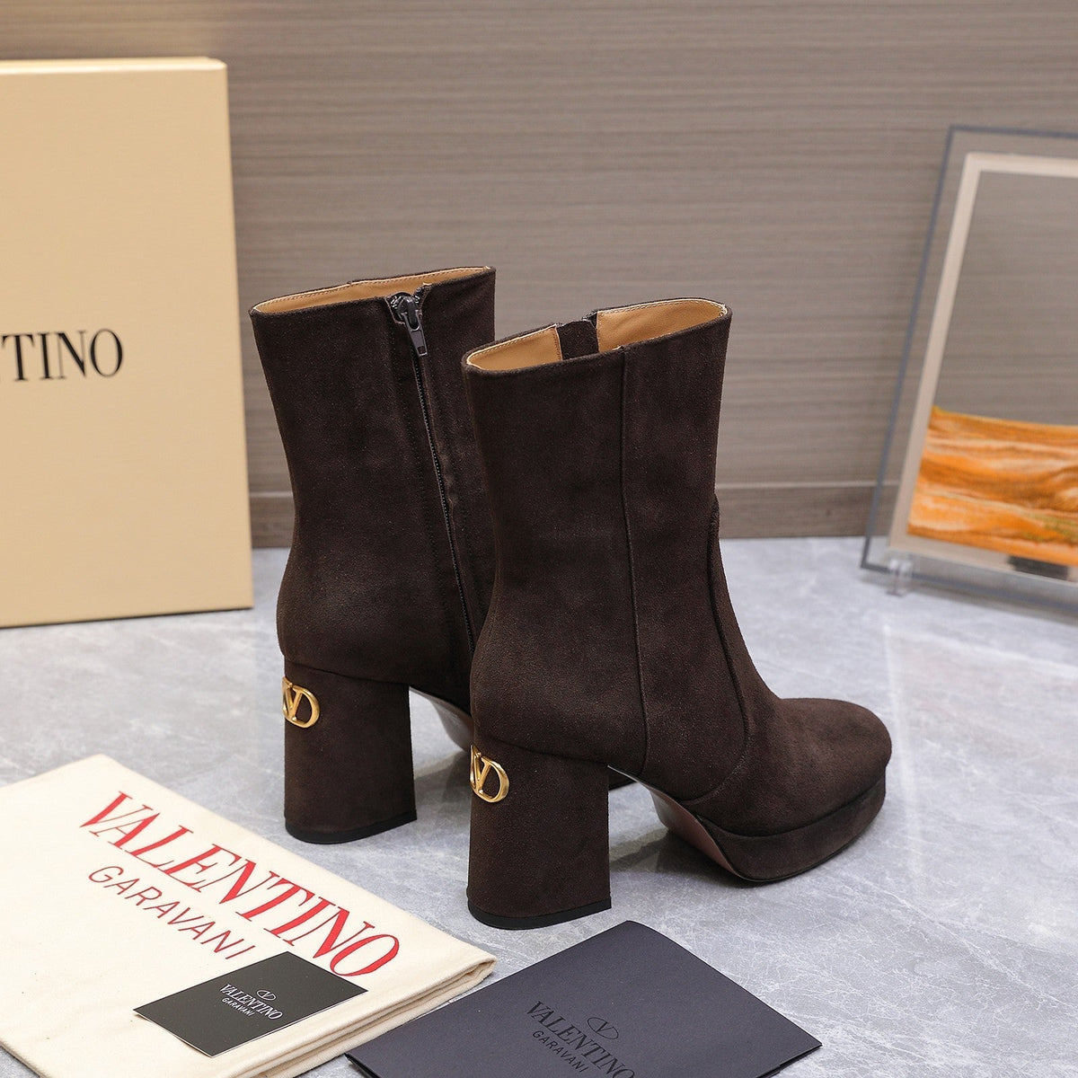 VALENTINO 25S ANKLE BOOTS WITH ZIPPER 90 MM IN DARK BROWN SUEDE