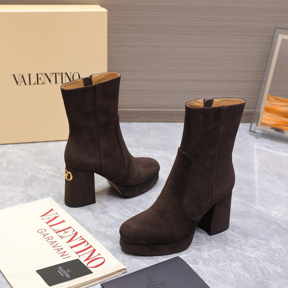 VALENTINO 25S ANKLE BOOTS WITH ZIPPER 90 MM IN DARK BROWN SUEDE