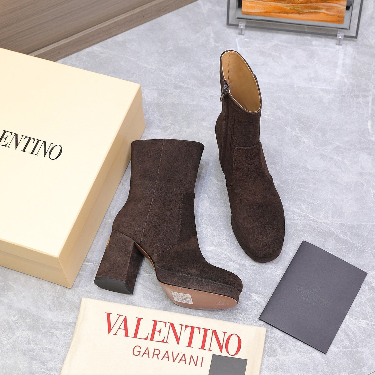 VALENTINO 25S ANKLE BOOTS WITH ZIPPER 90 MM IN DARK BROWN SUEDE