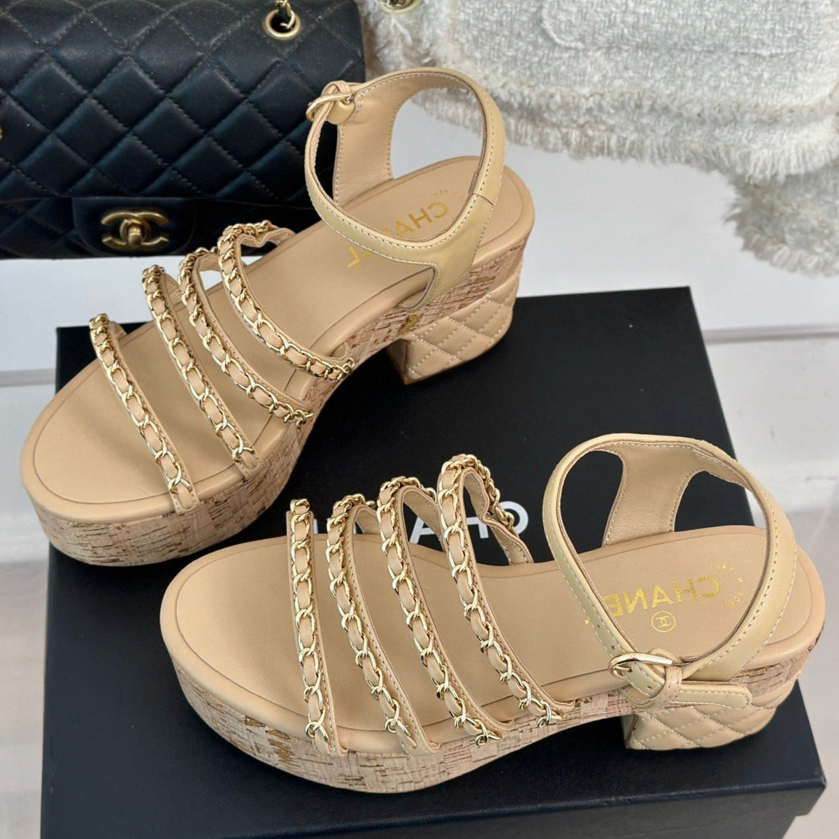 Double C Wooden Chain Platform Block Heel Sandals Beige Cream