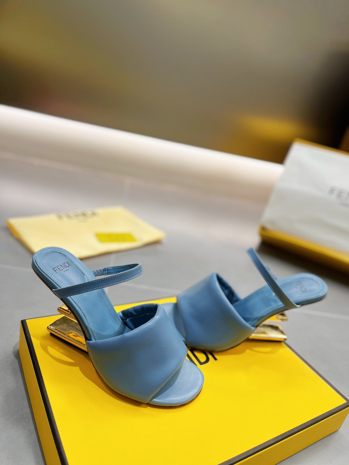 FENDI BAGUETTE HIGH-HEEL SANDALS 8 CM IN CERULEAN BLUE CALFSKIN