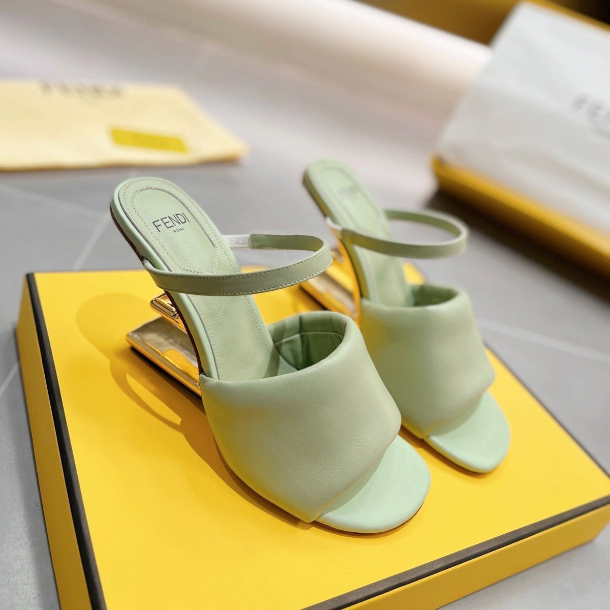 FENDI BAGUETTE HIGH-HEEL SANDALS 8 CM IN MINT GREEN CALFSKIN
