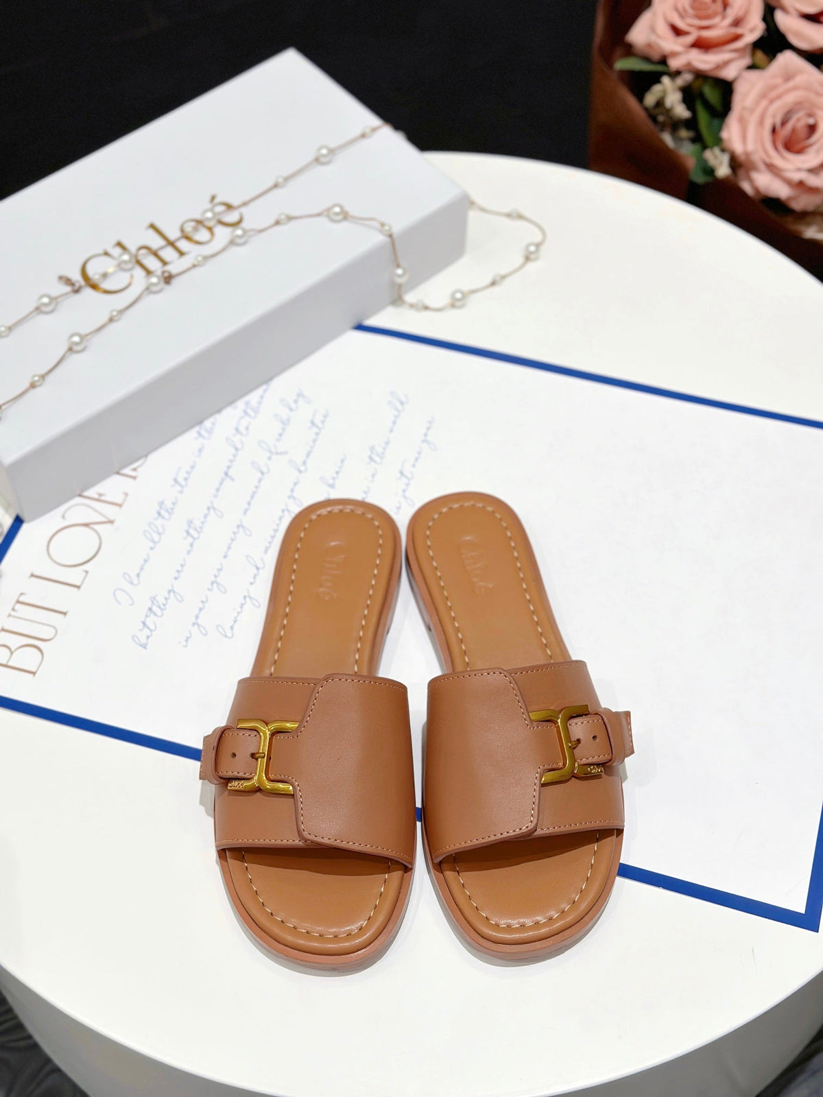 CHLOÉ HLOE MARCIE SLIDE IN BRONZE BROWN CALFSKIN WITH GOLD HARDWARE