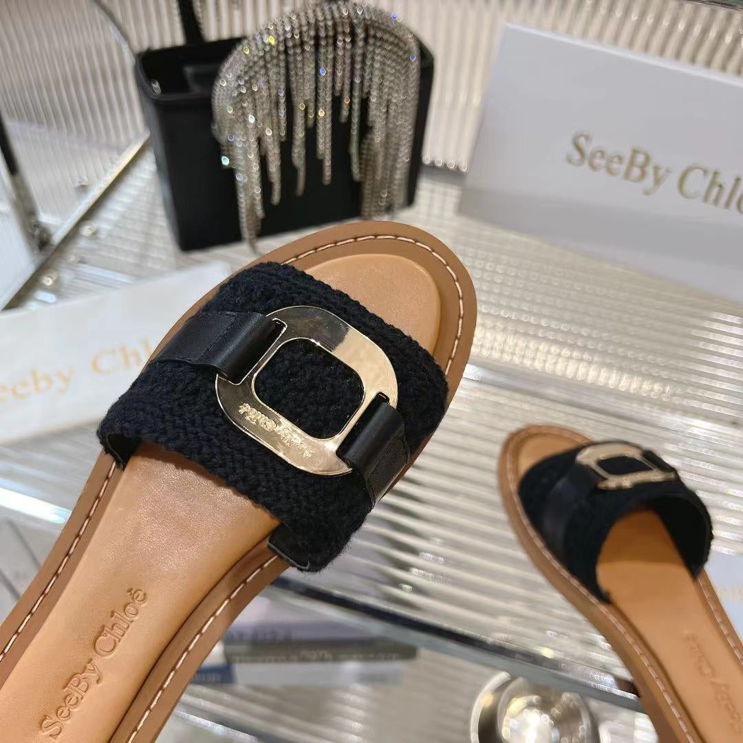 CHLOÉ WOVEN SLIDE MULE IN BLACK WOOL AND BROWN LAMBSKIN GOLD HARDWARE