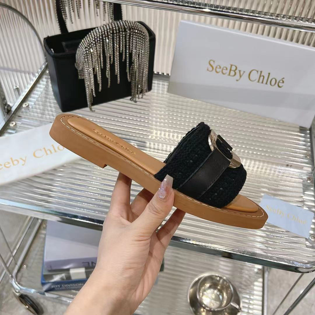 CHLOÉ WOVEN SLIDE MULE IN BLACK WOOL AND BROWN LAMBSKIN GOLD HARDWARE