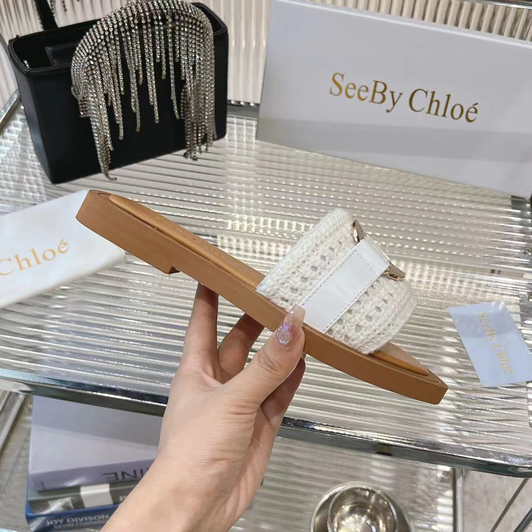 CHLOÉ WOVEN SLIDE MULE IN WHITE WOOL AND BROWN LAMBSKIN GOLD HARDWARE