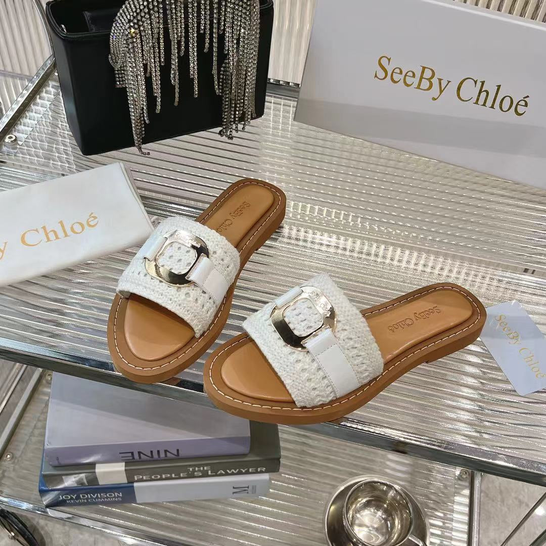 CHLOÉ WOVEN SLIDE MULE IN WHITE WOOL AND BROWN LAMBSKIN GOLD HARDWARE