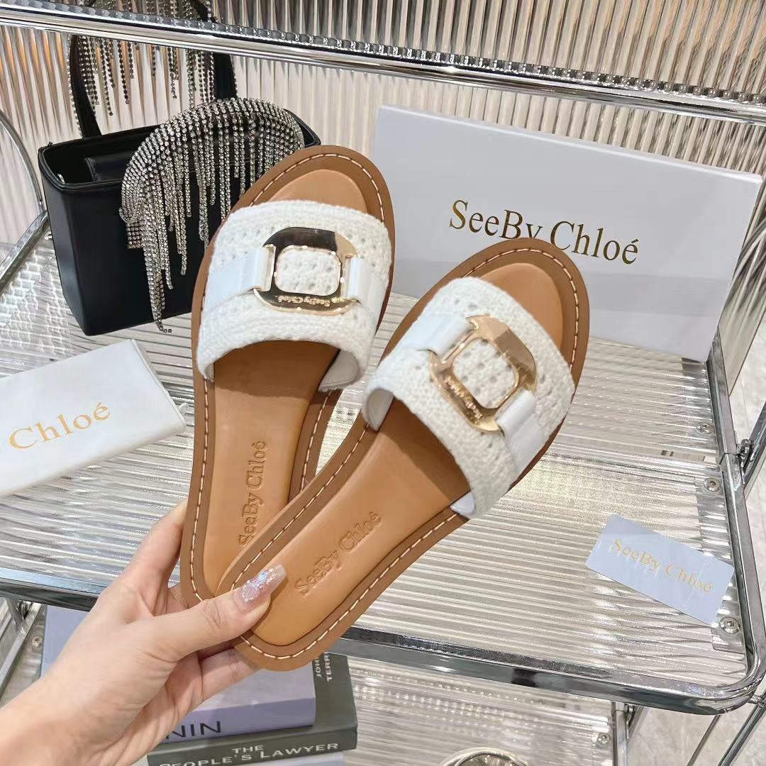 CHLOÉ WOVEN SLIDE MULE IN WHITE WOOL AND BROWN LAMBSKIN GOLD HARDWARE