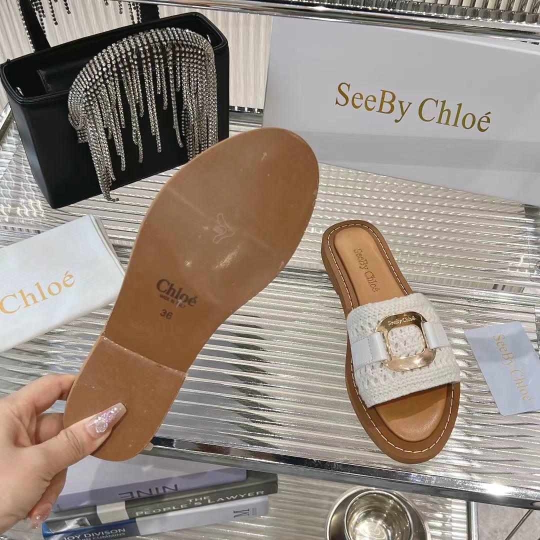 CHLOÉ WOVEN SLIDE MULE IN WHITE WOOL AND BROWN LAMBSKIN GOLD HARDWARE