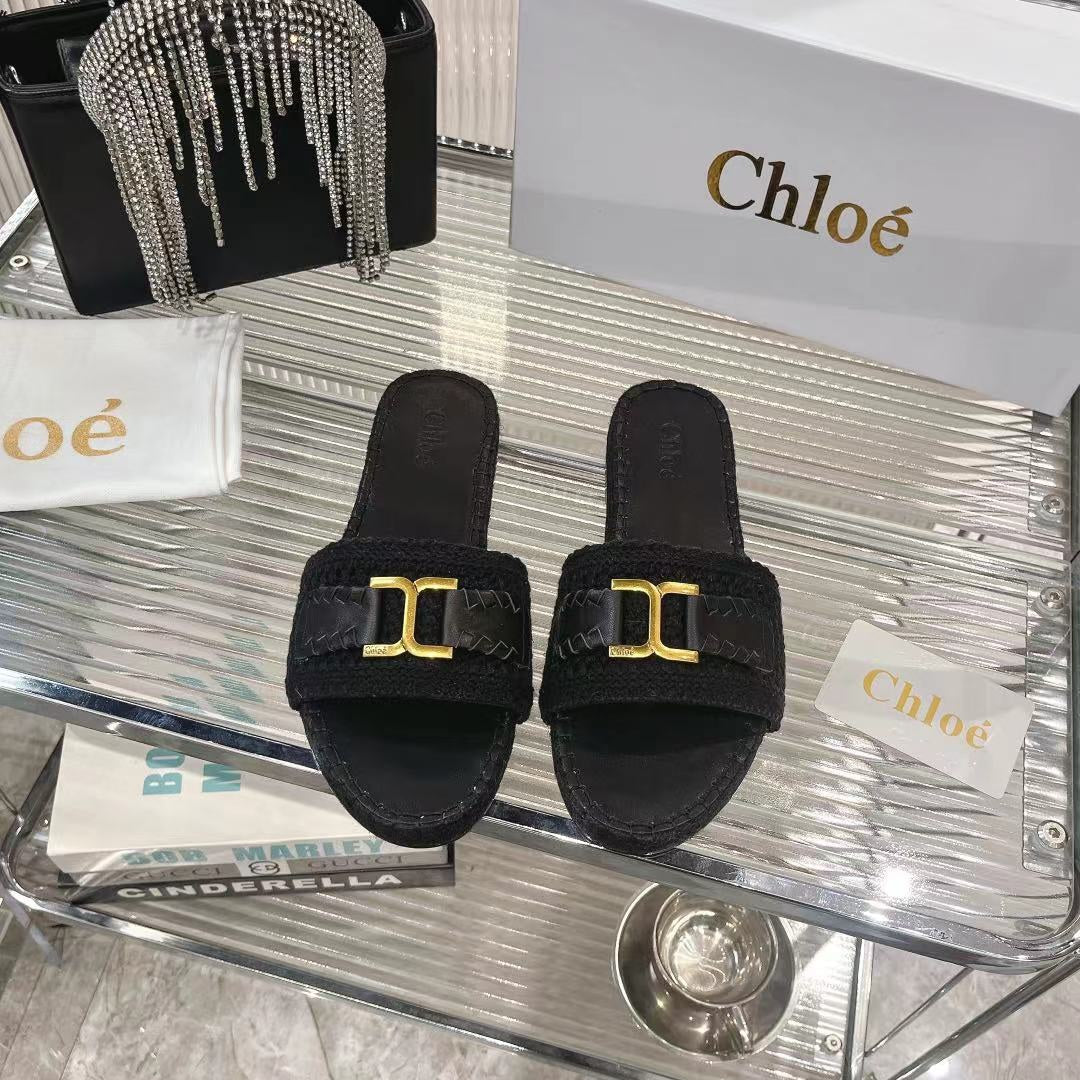 CHLOÉ WOVEN SLIPPER IN BLACK WOOL AND LAMBSKIN GOLD HARDWARE