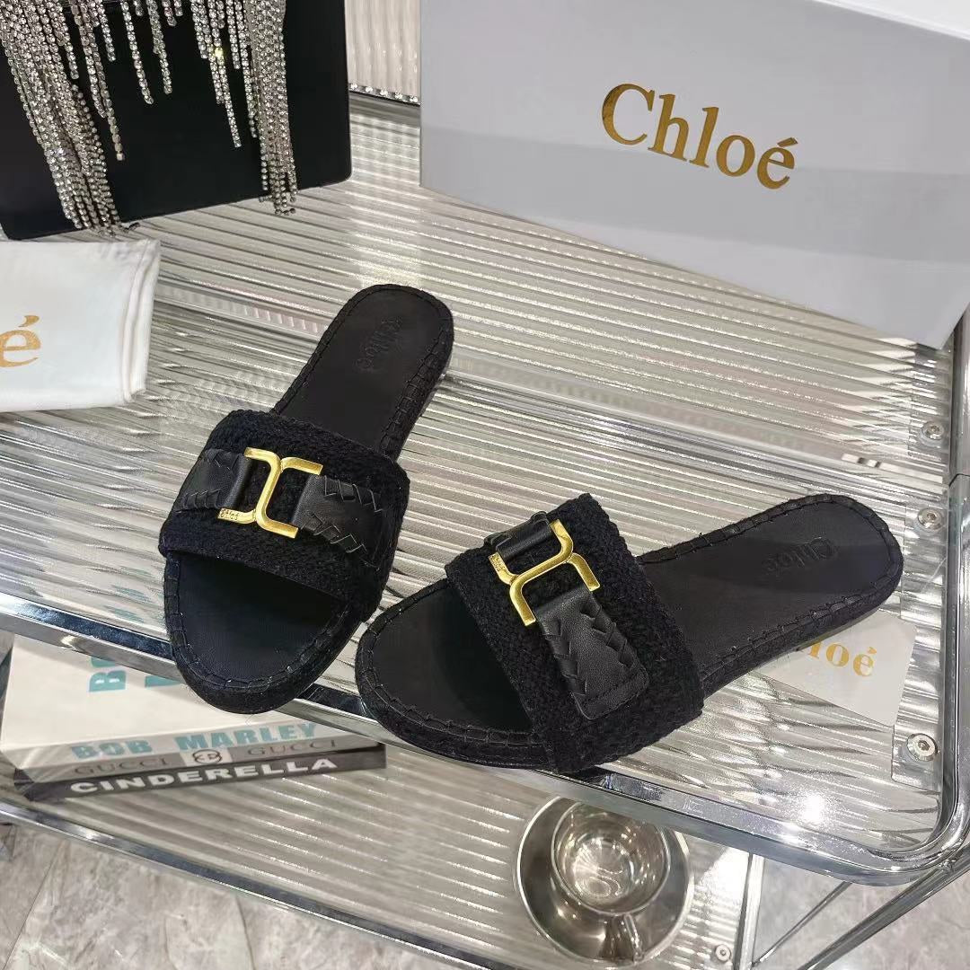 CHLOÉ WOVEN SLIPPER IN BLACK WOOL AND LAMBSKIN GOLD HARDWARE