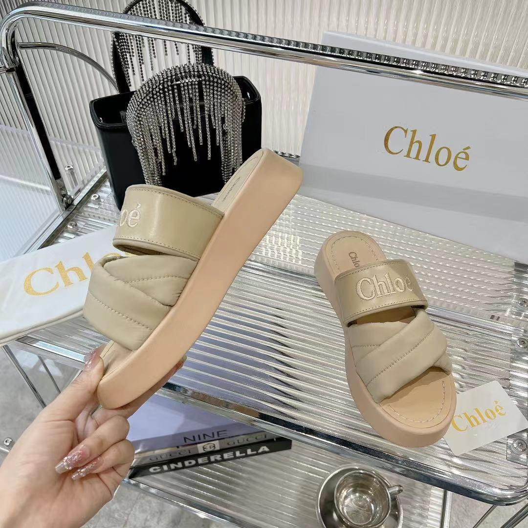 CHLOÉ MILA FLAT SLIDES 5 CM IN BEIGE EICRU CALFSKIN AND RE-NYLON