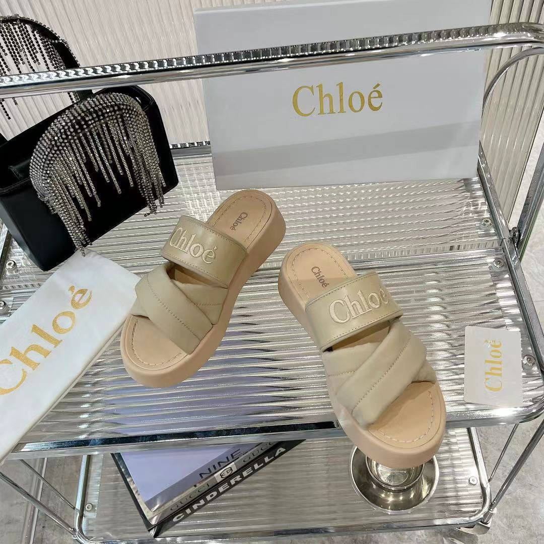 CHLOÉ MILA FLAT SLIDES 5 CM IN BEIGE EICRU CALFSKIN AND RE-NYLON