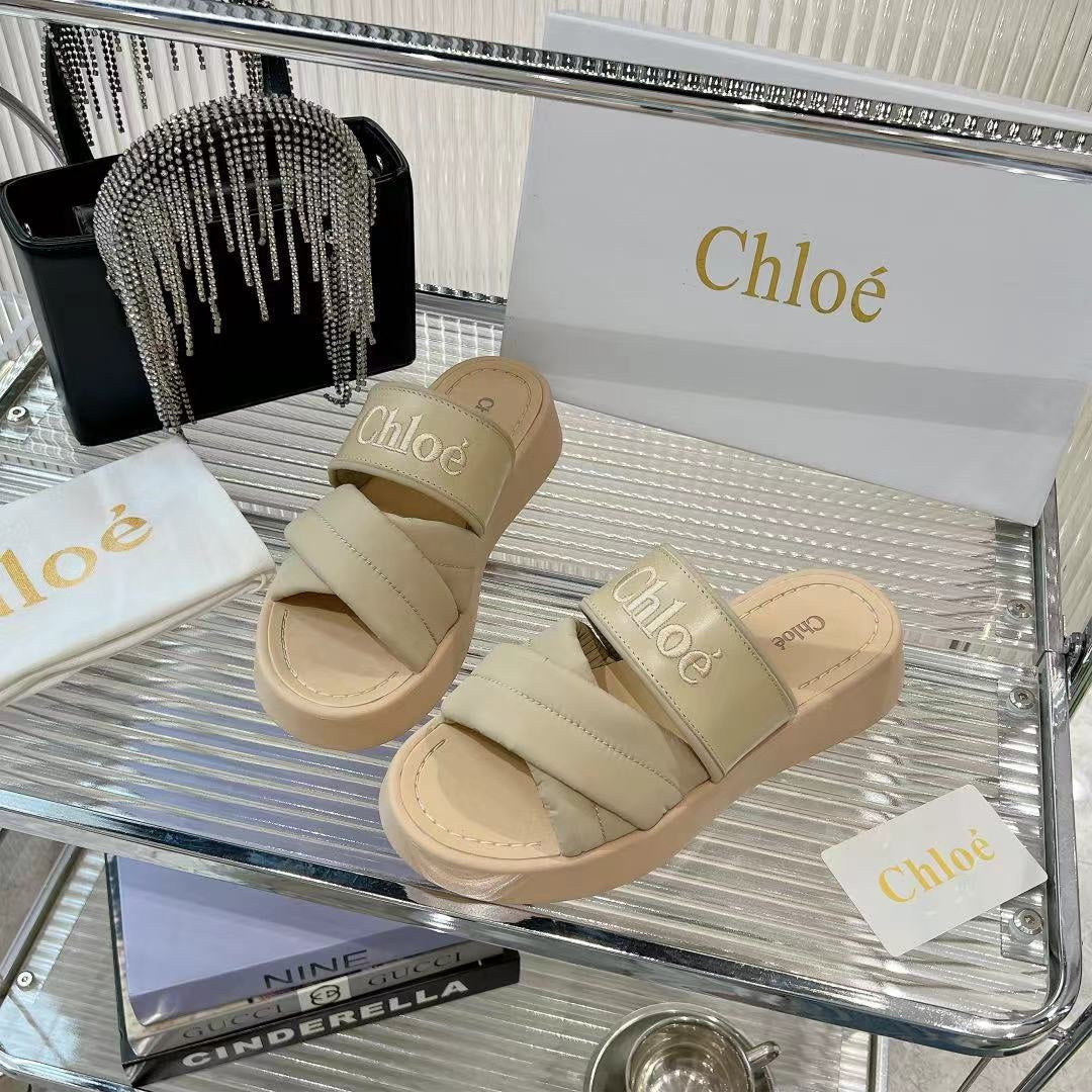 CHLOÉ MILA FLAT SLIDES 5 CM IN BEIGE EICRU CALFSKIN AND RE-NYLON