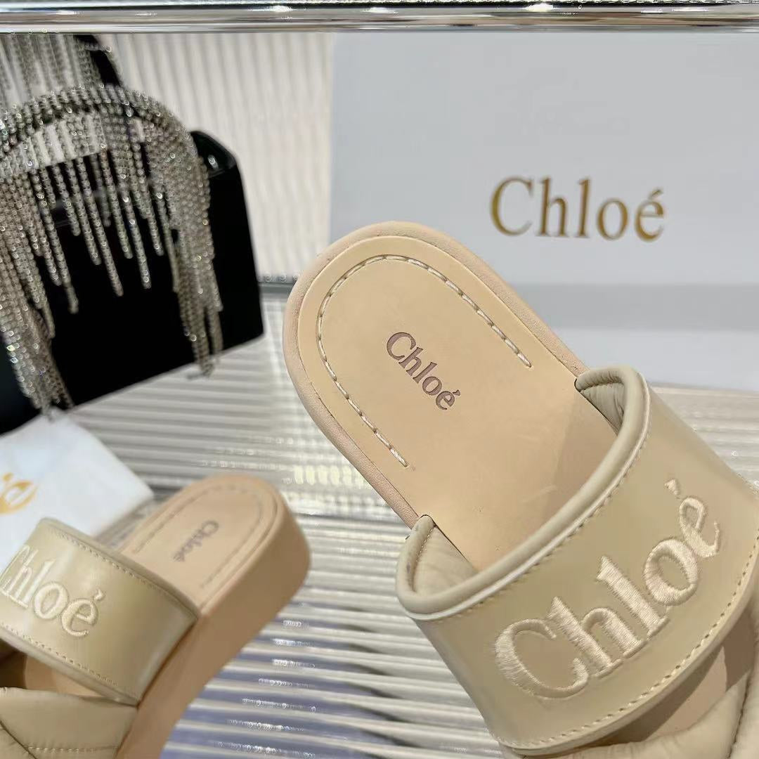 CHLOÉ MILA FLAT SLIDES 5 CM IN BEIGE EICRU CALFSKIN AND RE-NYLON
