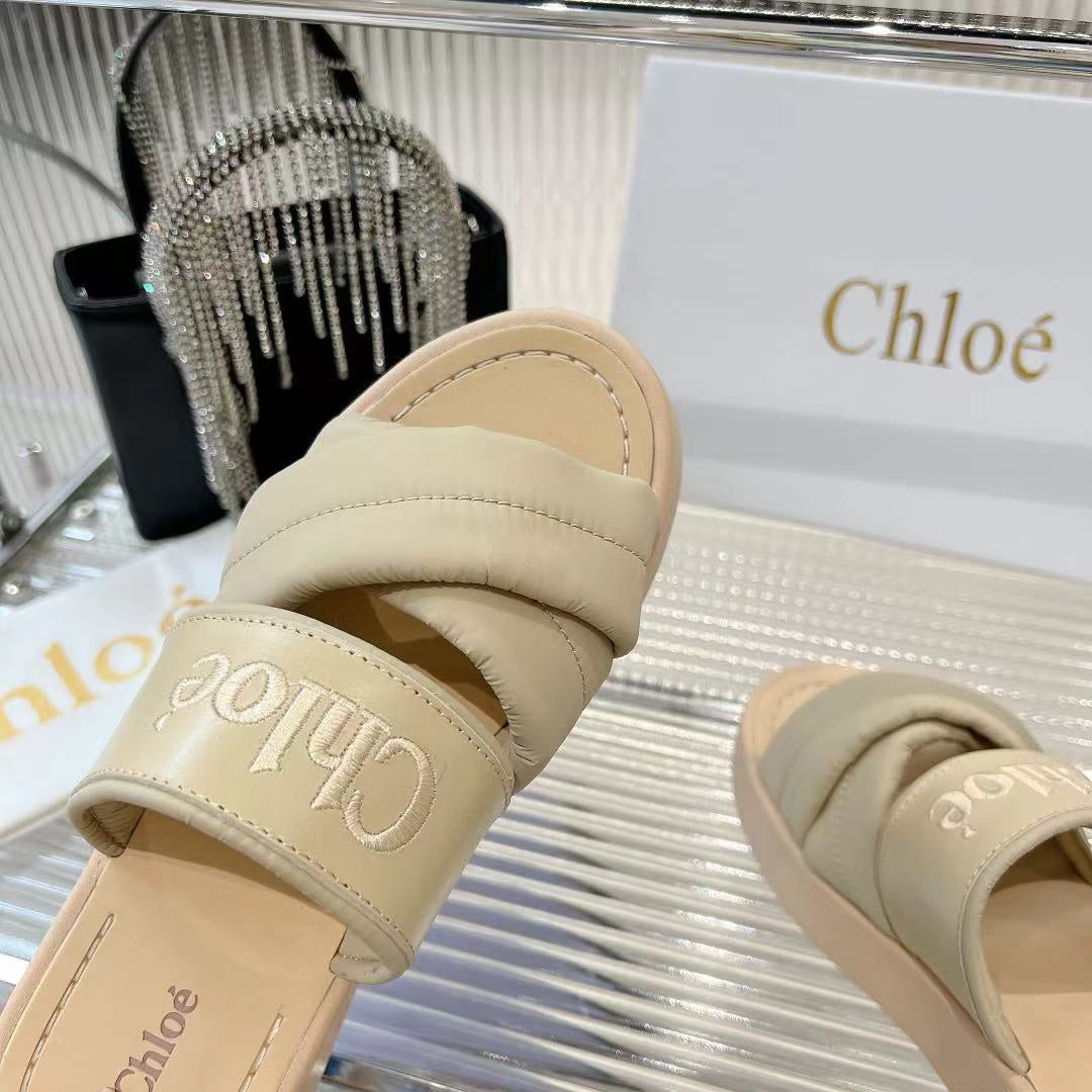 CHLOÉ MILA FLAT SLIDES 5 CM IN BEIGE EICRU CALFSKIN AND RE-NYLON