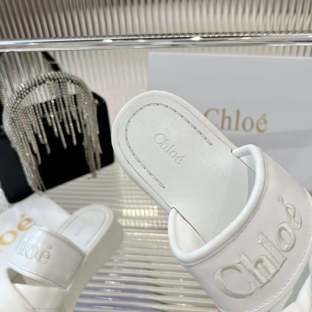 CHLOÉ MILA FLAT SLIDES 5 CM IN WHITE CALFSKIN AND RE-NYLON