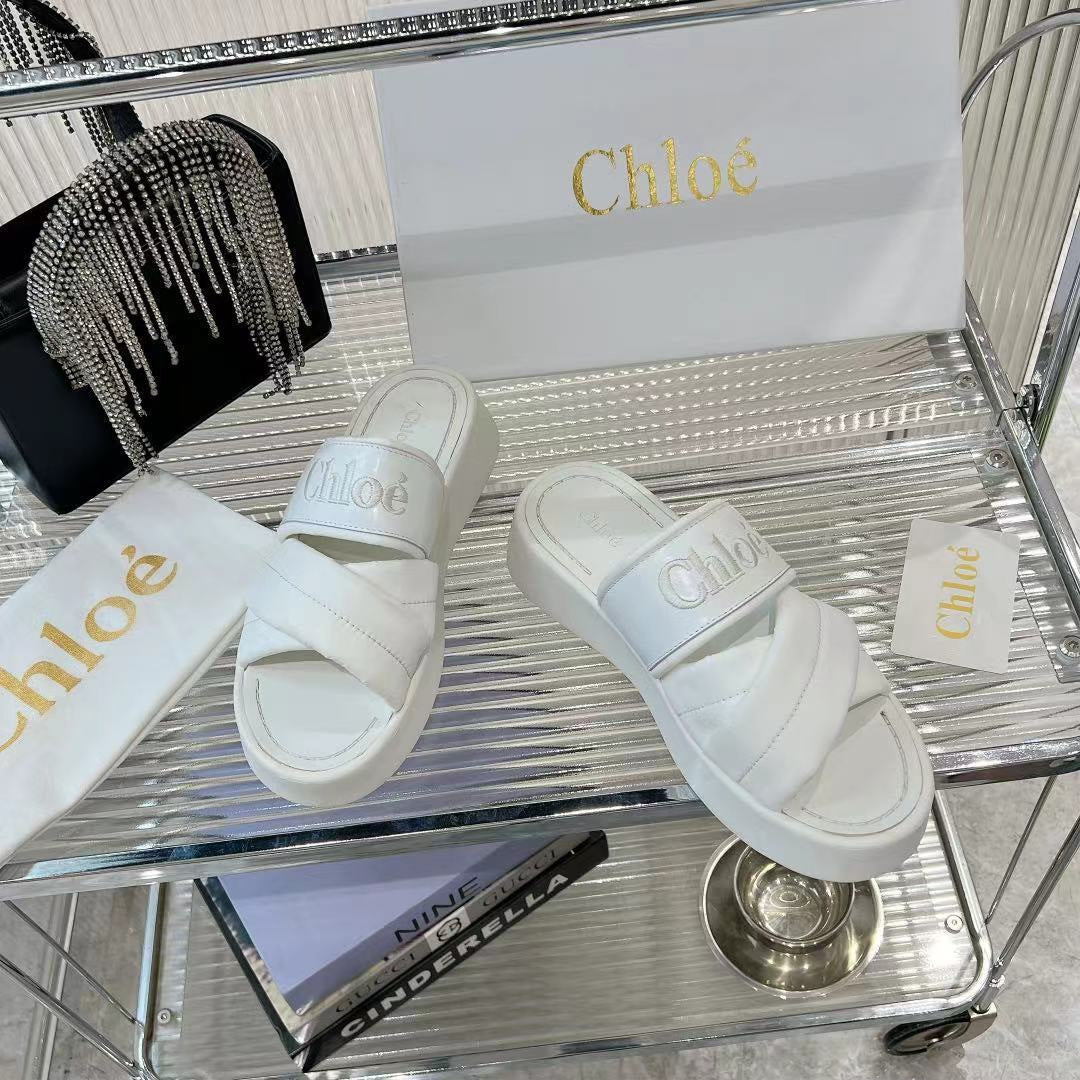 CHLOÉ MILA FLAT SLIDES 5 CM IN WHITE CALFSKIN AND RE-NYLON