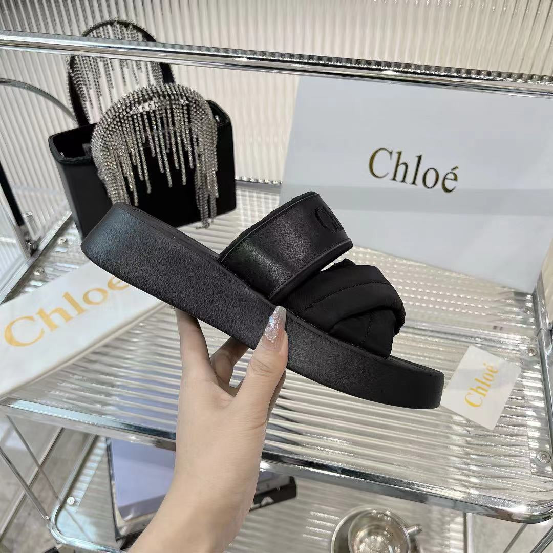 CHLOÉ MILA FLAT SLIDES 5 CM IN BLACK CALFSKIN AND RE-NYLON