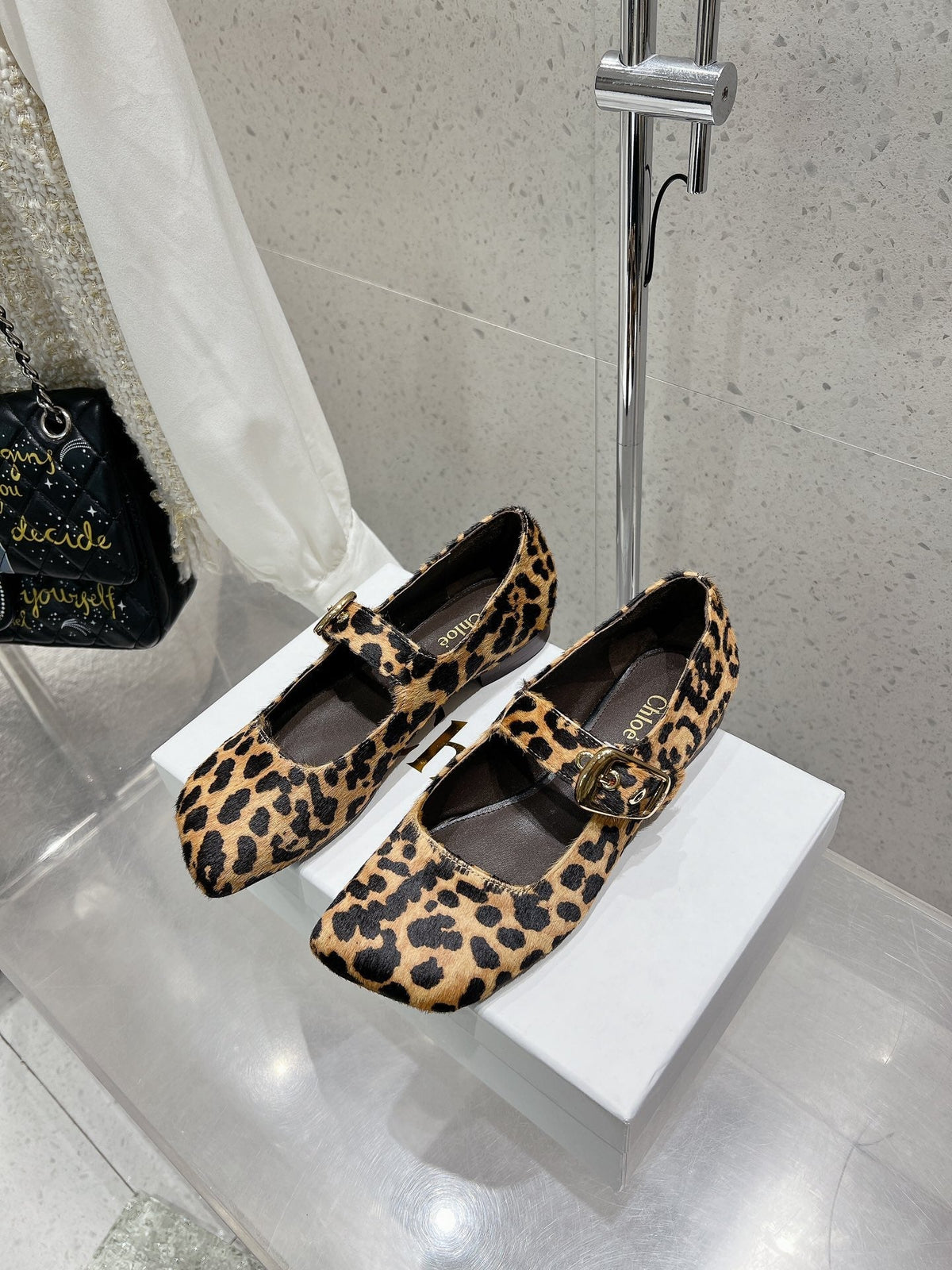 CHLOÉ 26S MARY JANE FLATS IN LEOPARD PRINT PONY HAIR