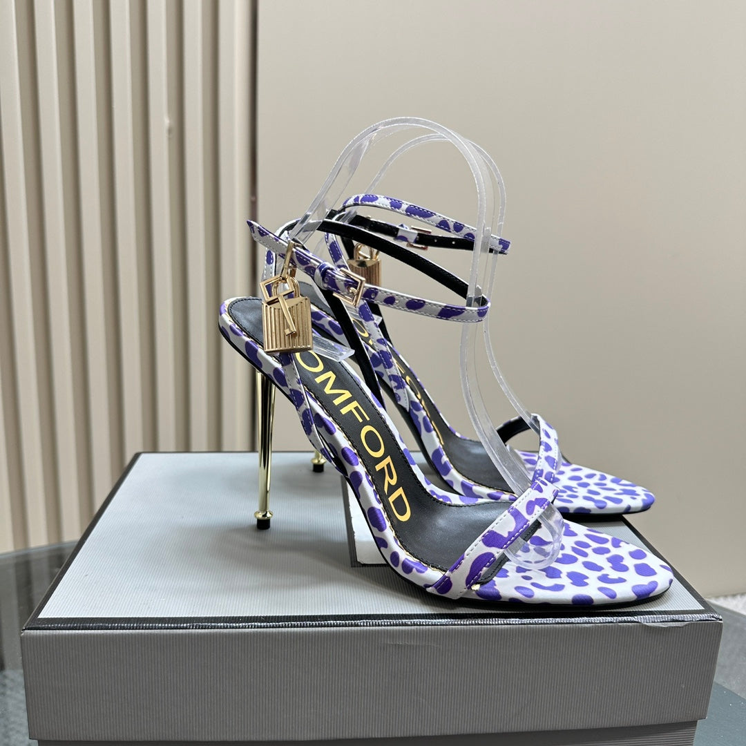 PADLOCK POINTY SANDAL 10 CM IN WHITE MIX IRIS PURPLE CALFSKIN
