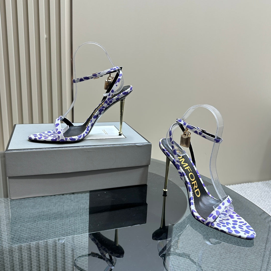 PADLOCK POINTY SANDAL 10 CM IN WHITE MIX IRIS PURPLE CALFSKIN