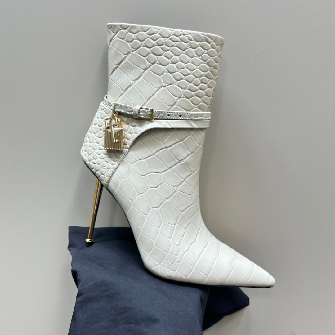 PADLOCK 10 CM ANKLE BOOTS IN WHITE CROCODILE-EMBOSSED CALFSKIN