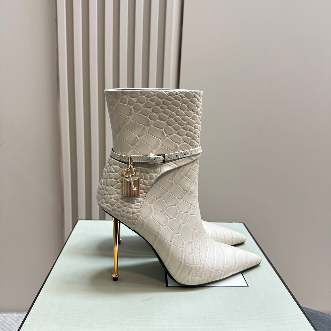 PADLOCK 10 CM ANKLE BOOTS IN WHITE CROCODILE-EMBOSSED CALFSKIN