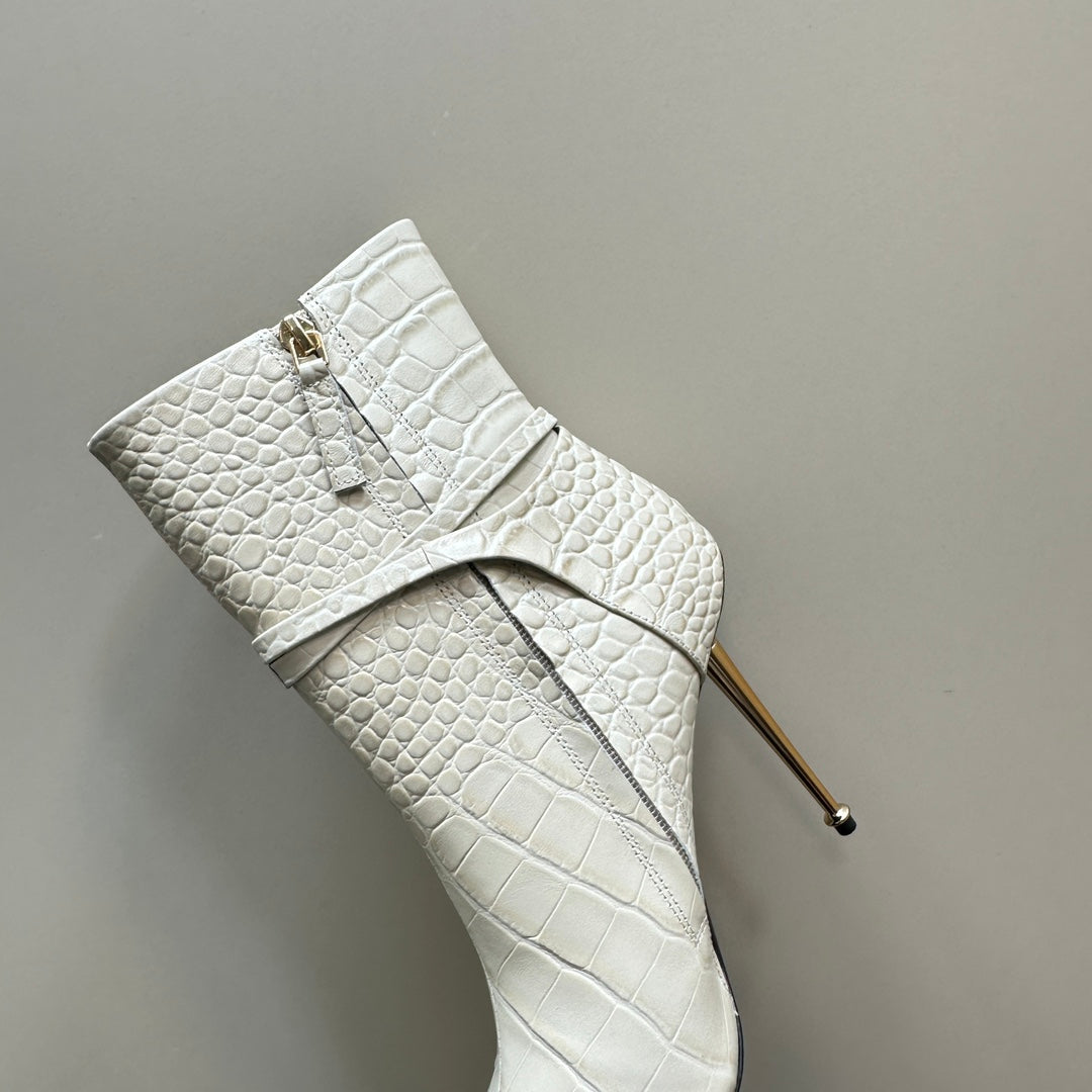 PADLOCK 10 CM ANKLE BOOTS IN WHITE CROCODILE-EMBOSSED CALFSKIN