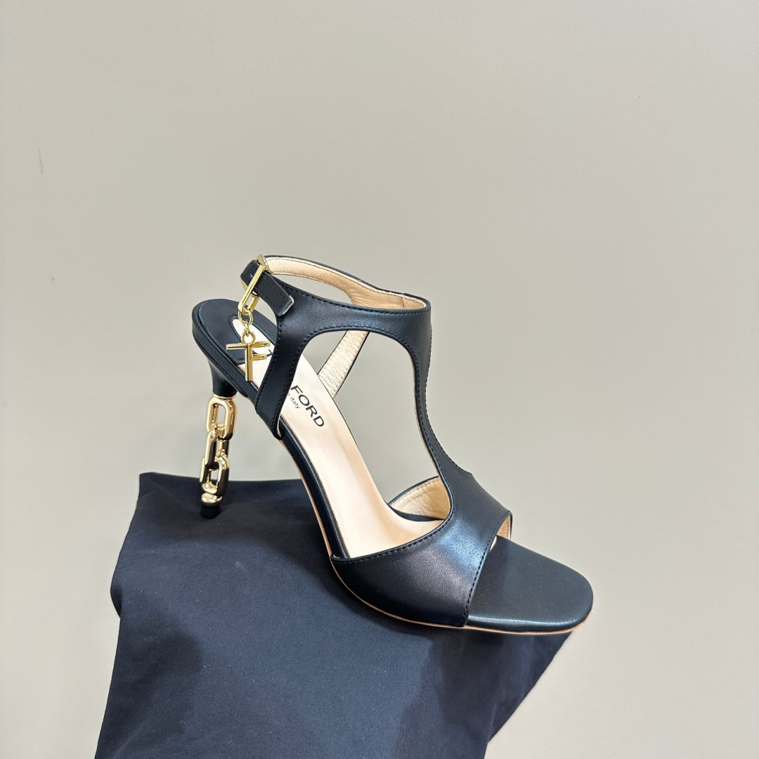 PADLOCK HIGH-HEELED SANDAL 10 CM IN BLACK CALFSKIN
