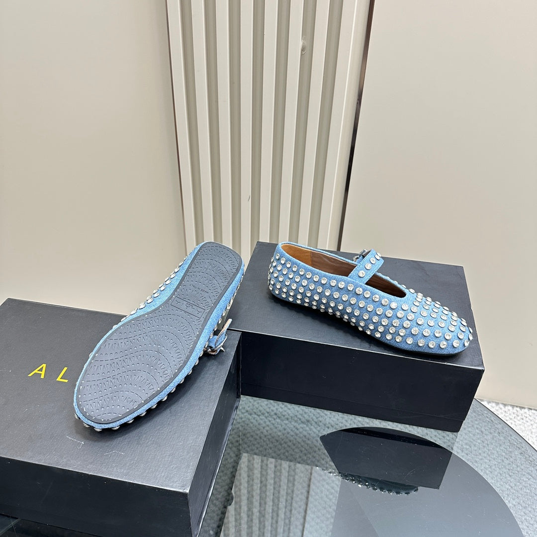 ALAIA CRYSTAL EMBELLISHED BALLET FLATS IN LIGHT BLUE DENIM
